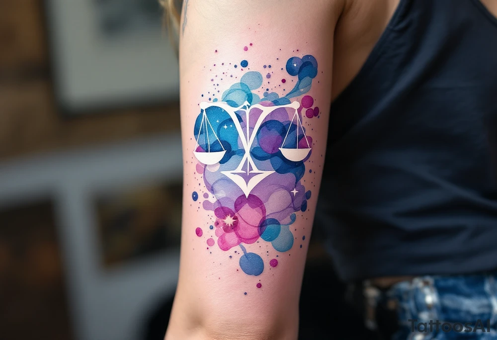 Flowing watercolor splashes in pink, blue, and lavender wrap around a white-ink Libra constellation. tattoo idea