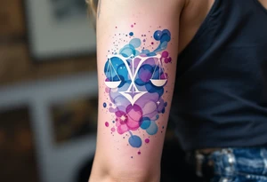 Flowing watercolor splashes in pink, blue, and lavender wrap around a white-ink Libra constellation. tattoo idea