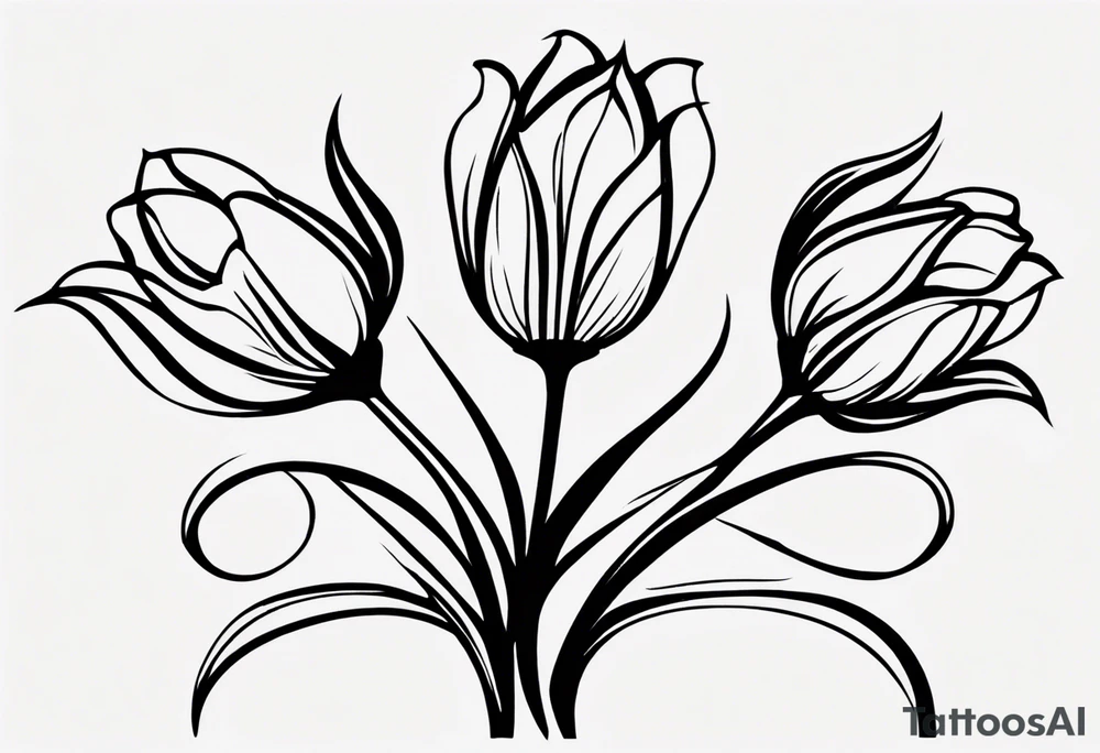 Generate a compelling tattoo design featuring three tulips with intertwining stems. Emphasize the graceful entwining of the stems, creating a harmonious and visually captivating composition. Each tulip should showcase distinct characteristics, from the delicate curves of the petals to the intricate details of the stamen. Consider incorporating elements that symbolize unity, growth, and interconnectedness. Capture the essence of nature's beauty while ensuring the overall design is balanced and aesthetically pleasing. tattoo idea