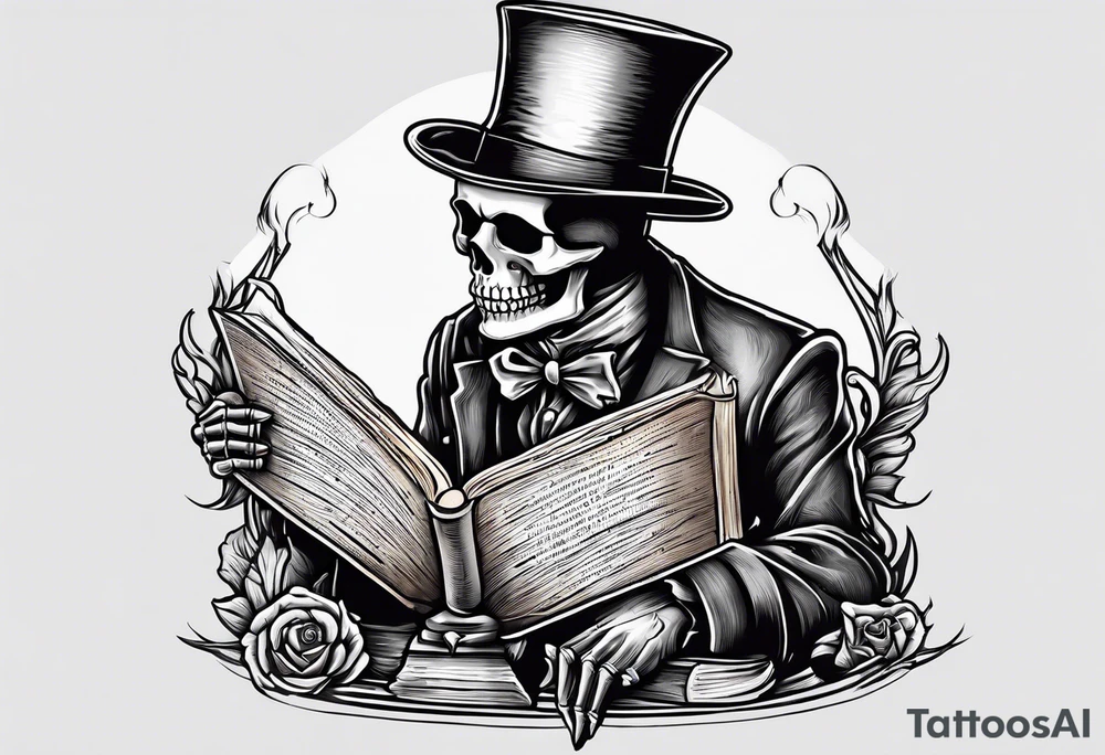 skeleton wearing a top hat reading a holy bible by candle light tattoo idea