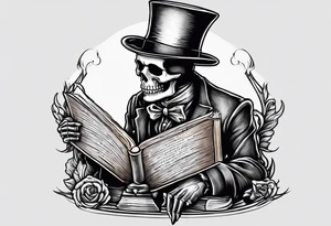 skeleton wearing a top hat reading a holy bible by candle light tattoo idea