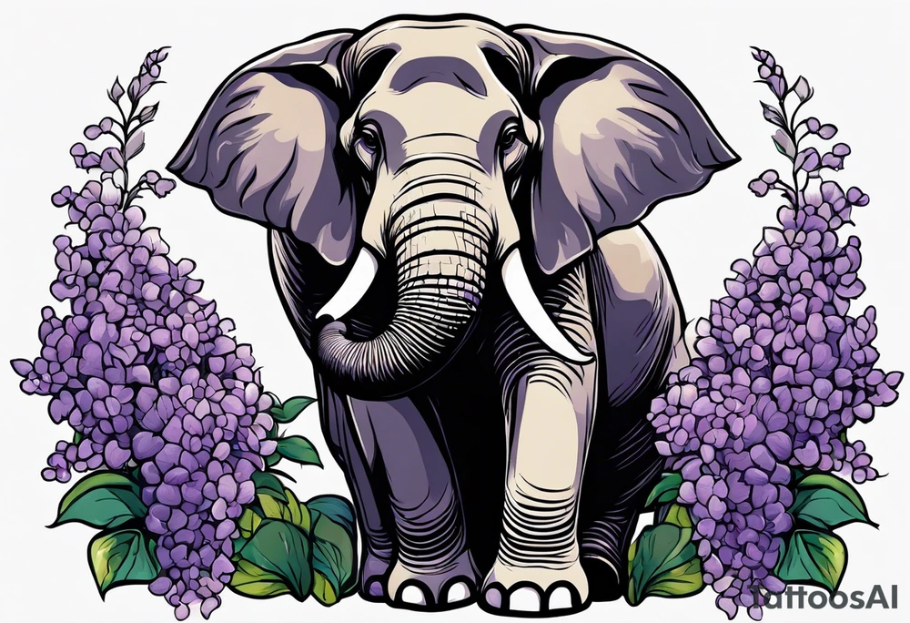 Seated elephant with raised trunk holding lilacs tattoo idea