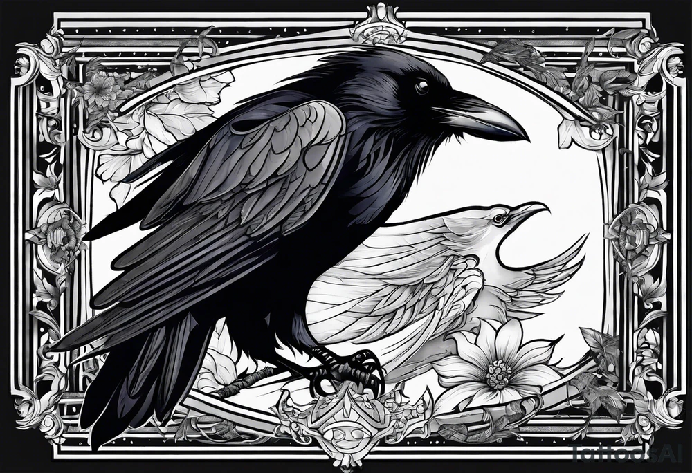 quote: “may angels lead you in”
A raven inside a square frame tattoo idea