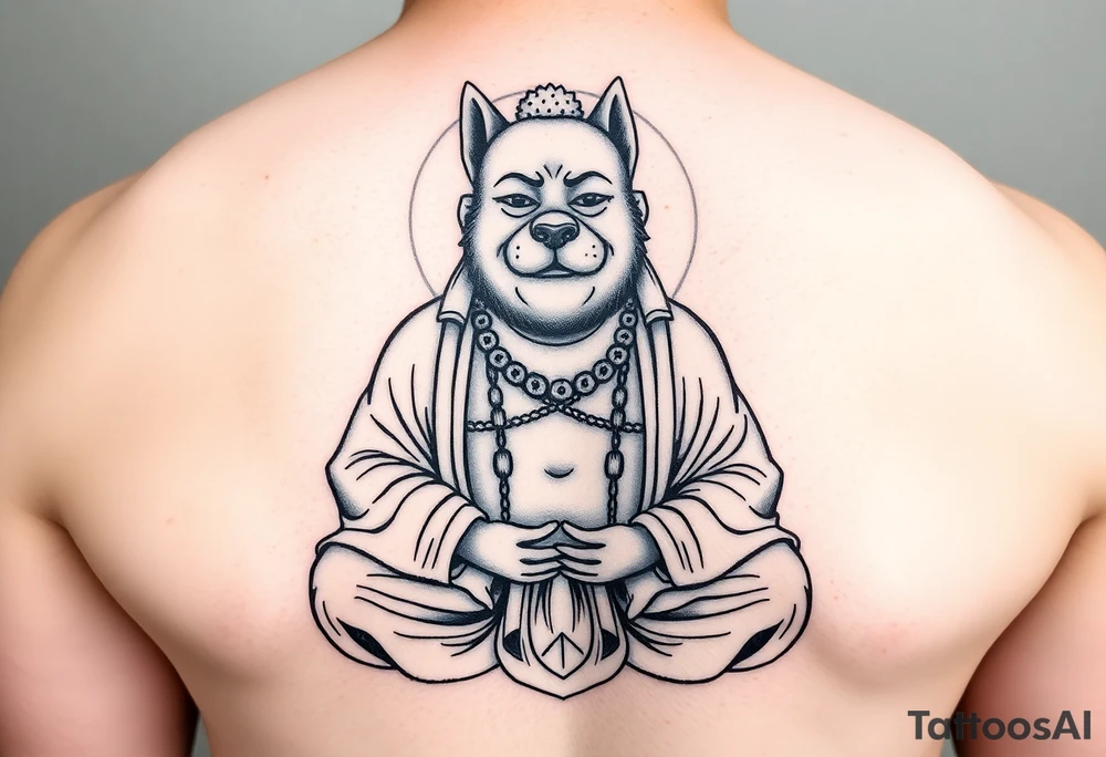 Meditating fat Buddha with happy dog head tattoo idea