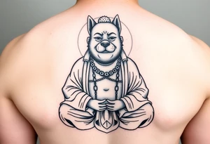 Meditating fat Buddha with happy dog head tattoo idea