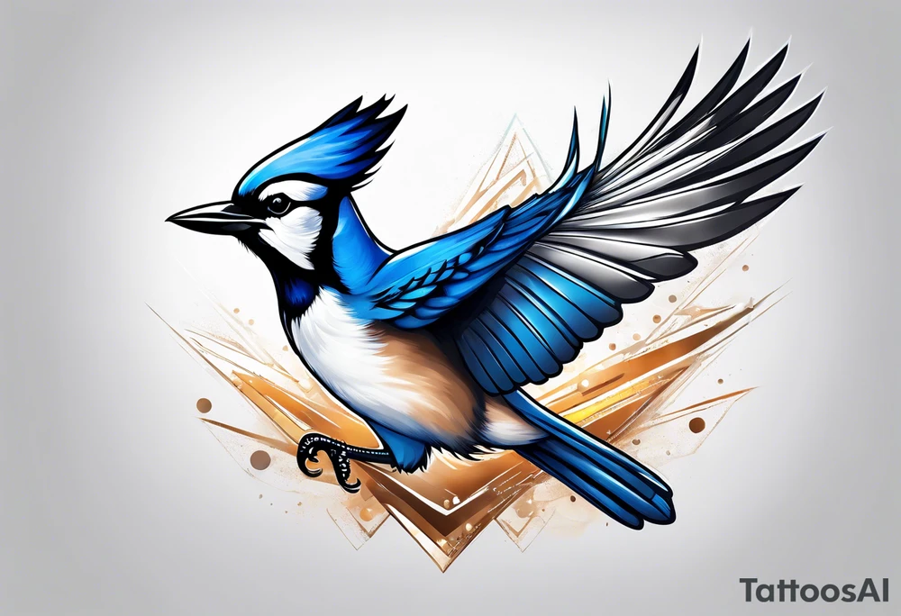 Strong blue jay bird in flight downward tattoo idea