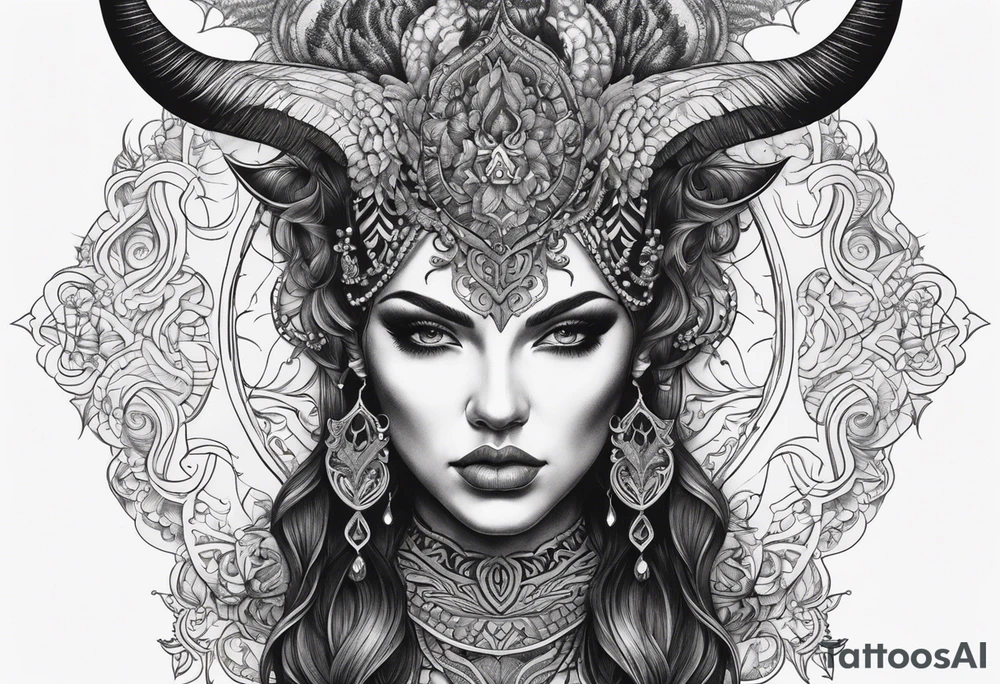 symmetrical woman head with curved horns facing downwards dark realism looking front facing view, ornamental horror metal on face tattoo idea