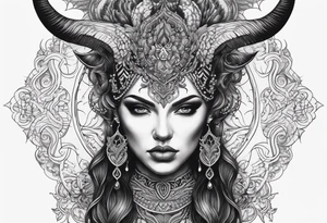 symmetrical woman head with curved horns facing downwards dark realism looking front facing view, ornamental horror metal on face tattoo idea