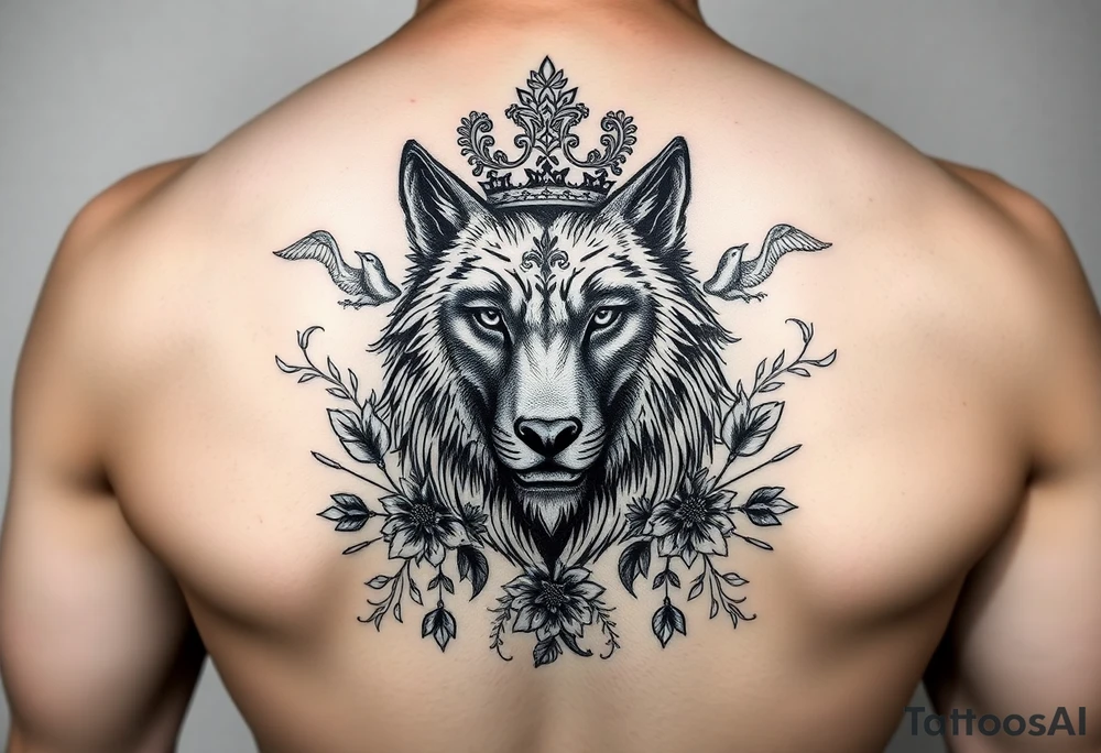 powerful majestic wolf with a crown, surrounded by floral ornaments and birds tattoo idea