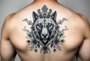 powerful majestic wolf  with a crown, surrounded by floral ornaments and birds tattoo idea