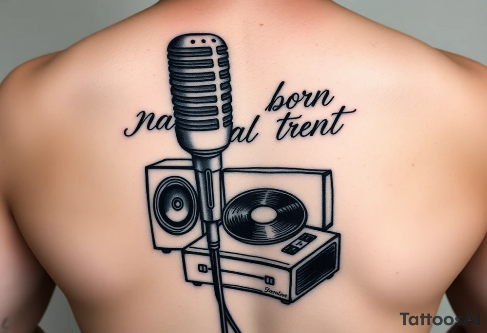 natural born talent written with a microphone and speakers with an old record player tattoo idea
