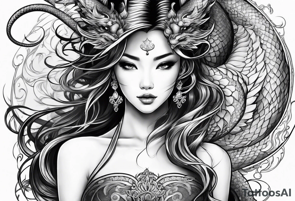 Long dragon long swirly tail girl tattoo idea