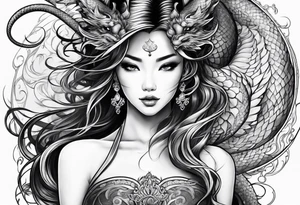 Long dragon long swirly tail girl tattoo idea