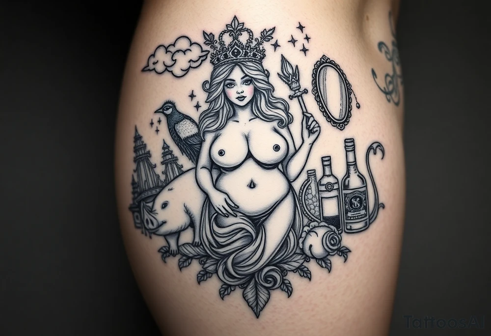 Storm clouds seven deadly sins and sexy naked fat woman, peacock, money ,pig , cigerette, cake, liquor bottle , sex, mirror tattoo idea