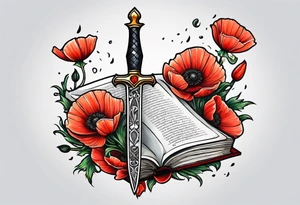 A dagger stabbing a book surrounded by poppy flowers tattoo idea