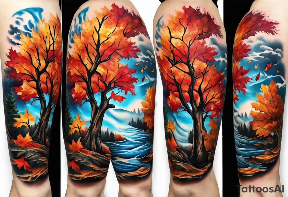 Knee tattoo with fall colors showing leaves, water flow, trees and sky tattoo idea