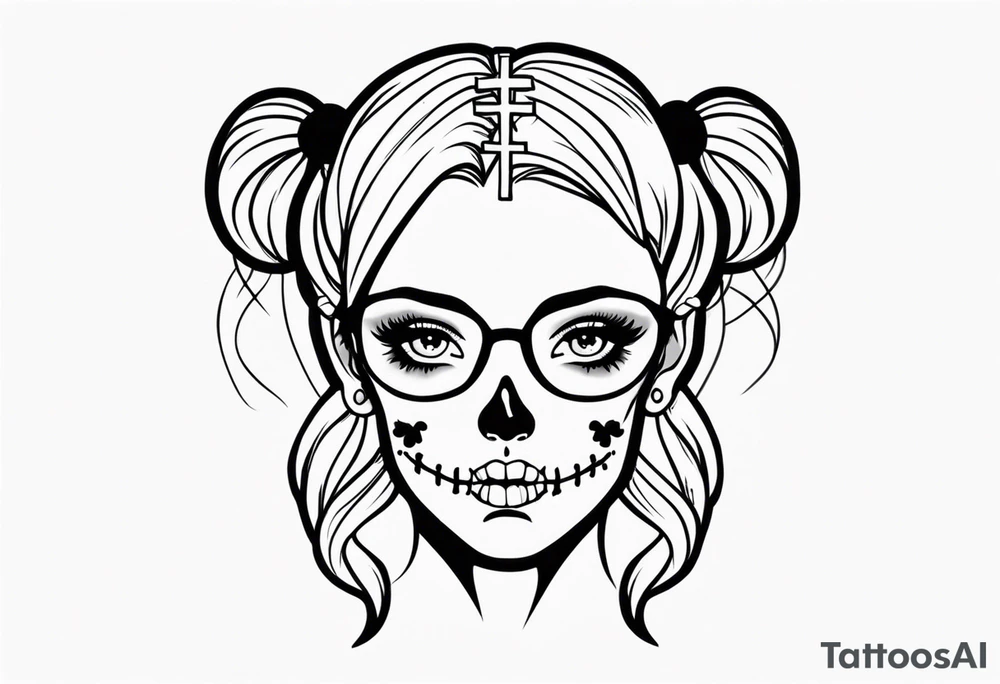 feminine skull and cross bones with hair in two blonde pigtails tattoo idea