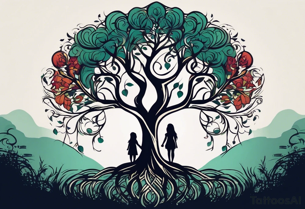 A tattoo design symbolizing a strong family bond between a mother and her two sons. The design features a tree with deep roots, representing a clan or tribe with an unbreakable connection. In the center, a mother stands with two children, one on each side, holding hands. The tree's branches surround them, symbolizing protection and unity. Use colors sparingly, but with impact. The tattoo should convey an indestructible bond and unconditional love between the three. It should also illustrate the ability to move forward together, even on a winding road, with maternal strength and protection emphasized. Intended placement: on the arm tattoo idea