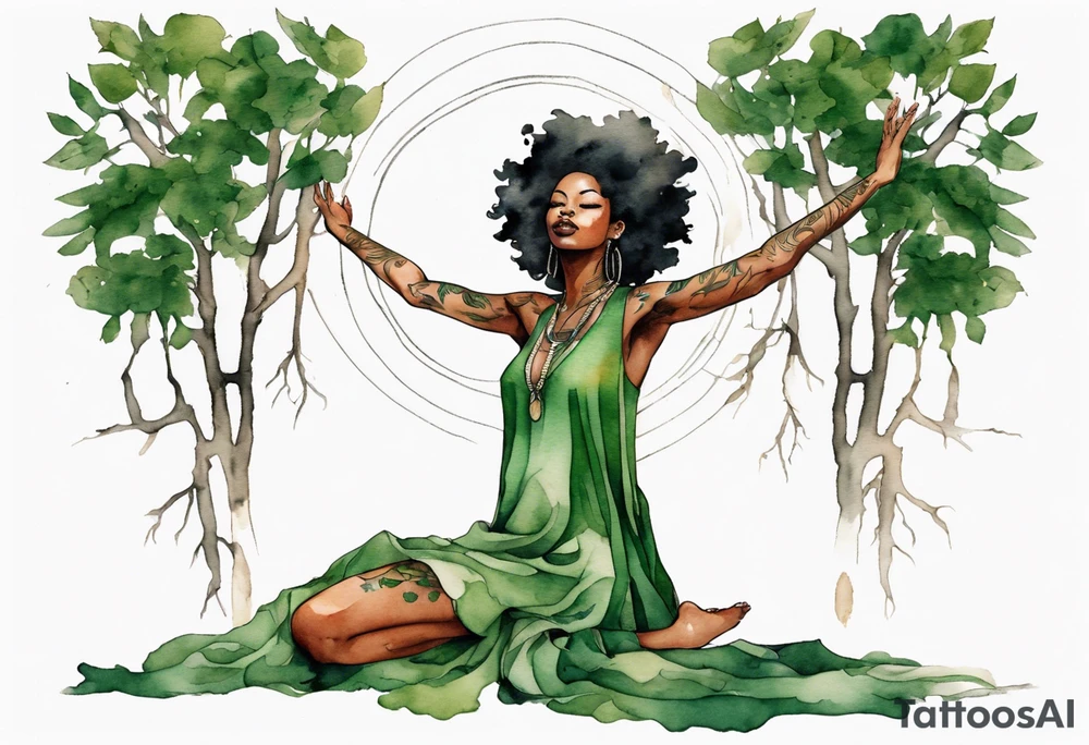a black woman wearing a green tunic with the lower-half of a tree, her arms raised towards the sun, with legs made out of tree roots tattoo idea