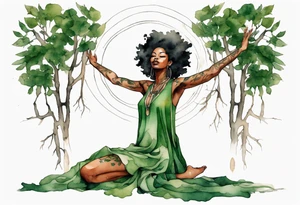 a black woman wearing a green tunic with the lower-half of a tree, her arms raised towards the sun, with legs made out of tree roots tattoo idea