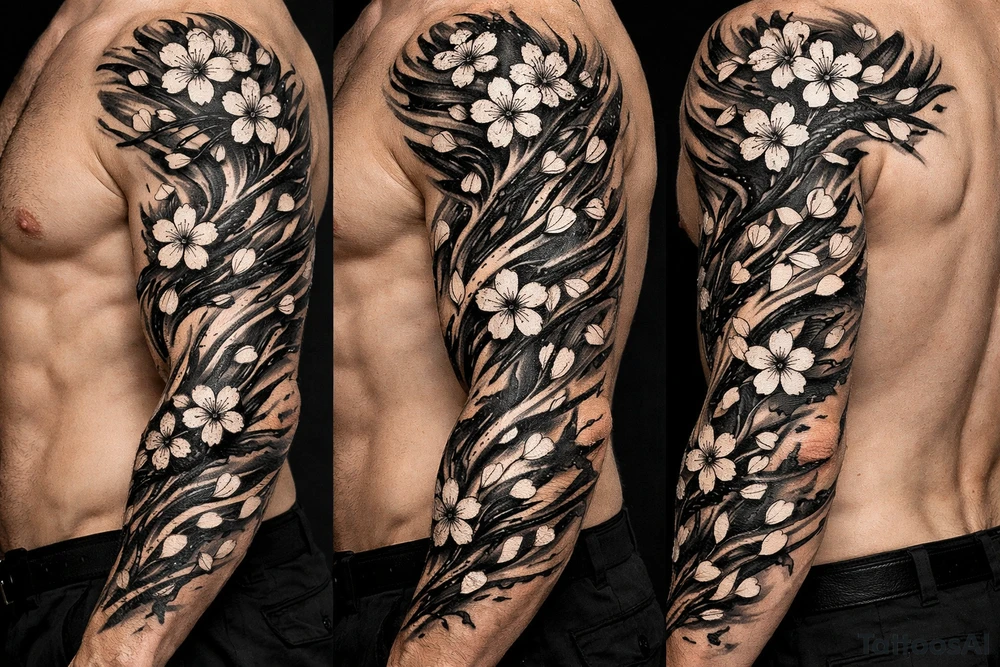 delicate cherry blossoms swirling in spring breeze with petals tattoo idea