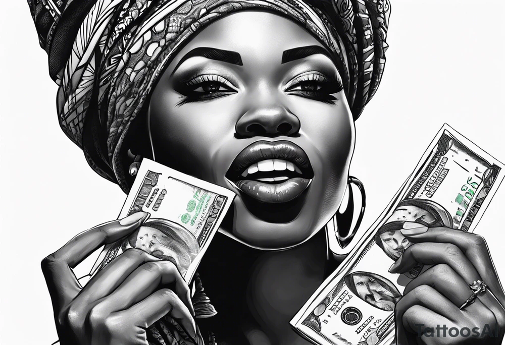 african woman biting money tattoo idea