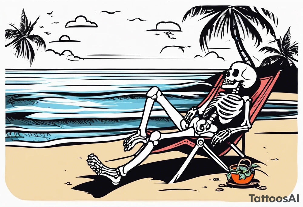 skeleton wearing a button up hawaiian shirt relaxing on the beach tattoo idea