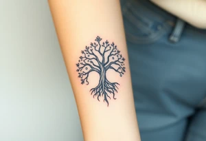 mystical tree of life with cosmic roots and celestial branches tattoo idea
