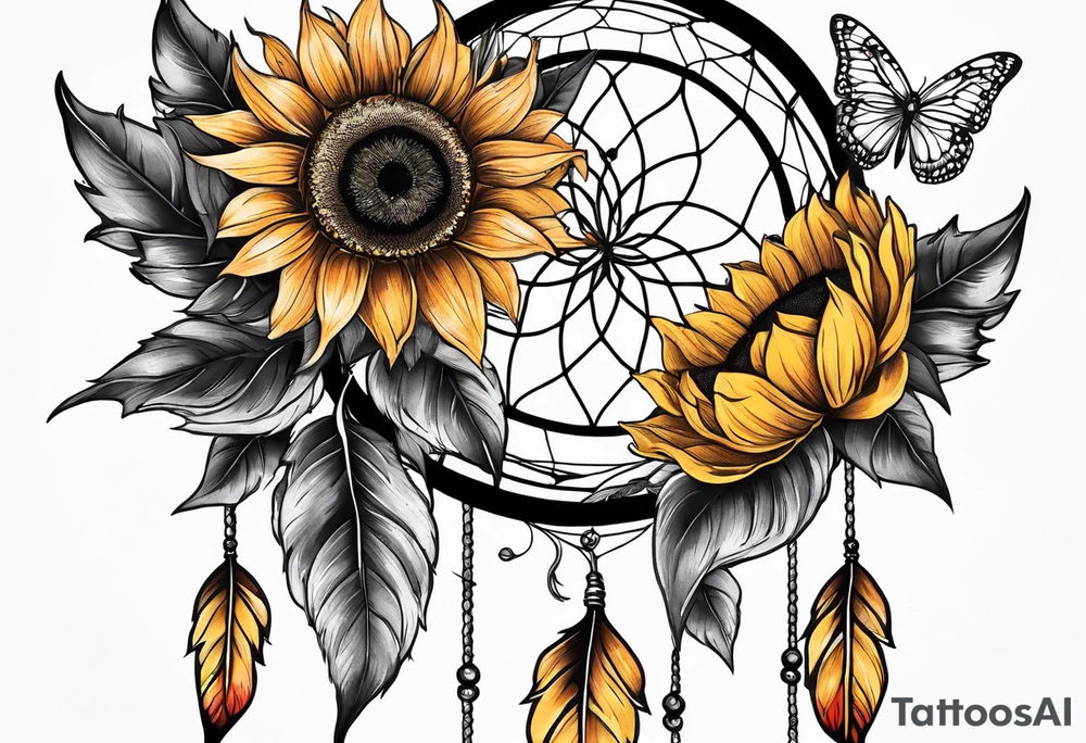Dream catcher with sunflower in back ground with butterflies tattoo idea