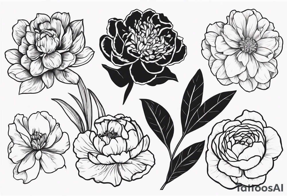 peony, carnation, daffodil, daphne, dahlia, desiree, daisy and rose tattoo idea