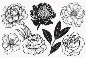 peony, carnation, daffodil, daphne, dahlia, desiree, daisy and rose tattoo idea