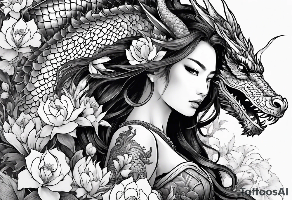beautiful warrior woman wearing dragon armor and a floral background and a dragon a full picture tattoo idea