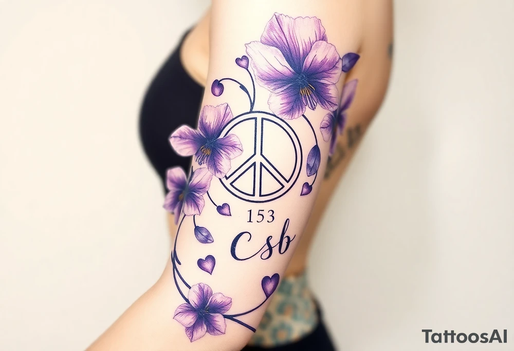 Intertwined Violets, peace symbol, Pisces symbol, dog prints, amethyst, initials csb in cursive font tattoo idea