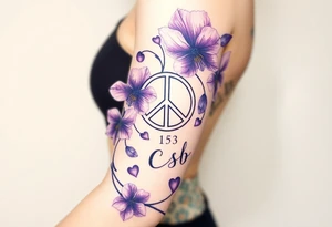 Intertwined Violets, peace symbol, Pisces symbol, dog prints, amethyst, initials csb in cursive font tattoo idea