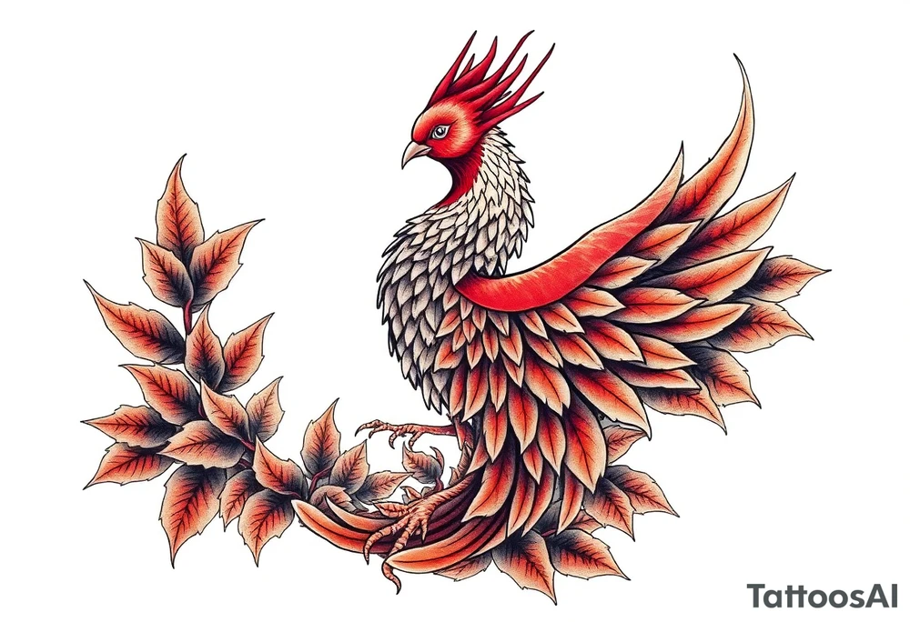 powerful majestic japanese phenix surrounded by marple leaf tattoo idea