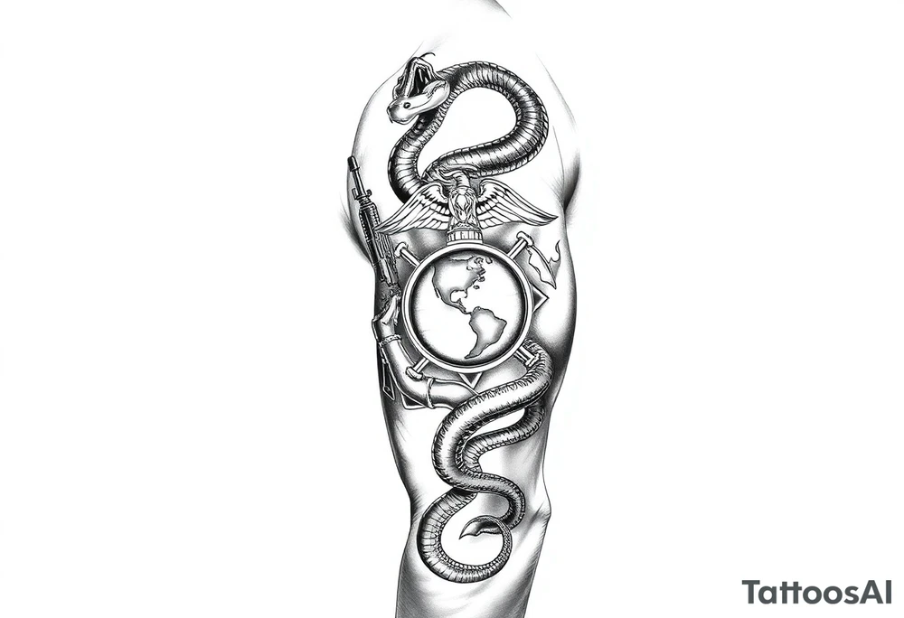 I want to incorporate a firefighter and Marine corps logo. I like snakes, rifles, guns, flames tattoo idea
