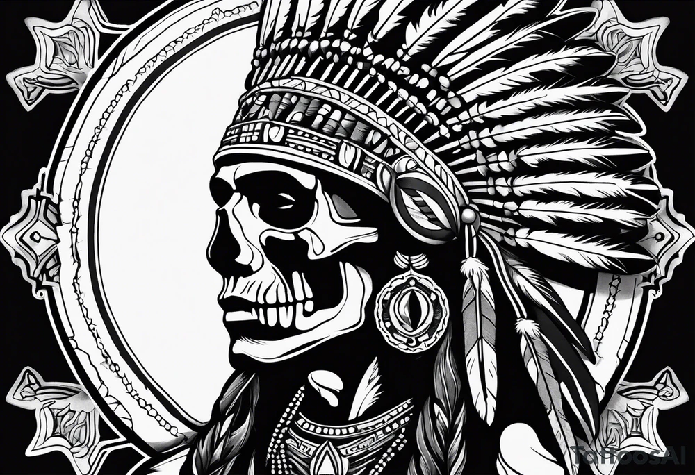 Native American wearing Headress Skeleton Praying tattoo idea