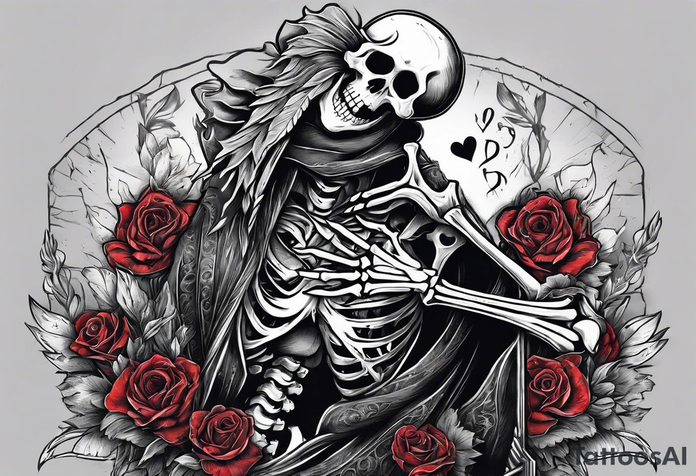 depressed skeleton holding his heart in his hand with a knife through the heart tattoo idea