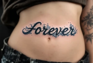 A wave crashing through the word "forever", done in deep ocean blues and seafoam white. tattoo idea