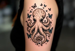 cute octopus, friendly, surrounded by butterflies and oceanic items, brown ink tattoo idea