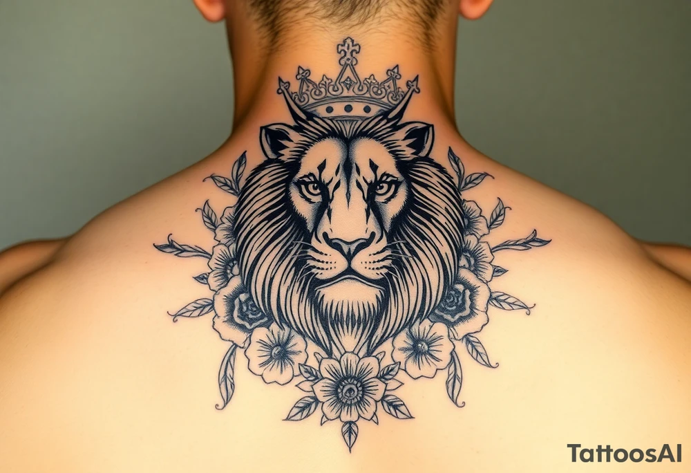 powerful majestic lion with a crown, surrounded by floral ornaments and birds tattoo idea