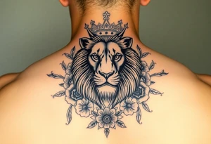powerful majestic lion with a crown, surrounded by floral ornaments and birds tattoo idea