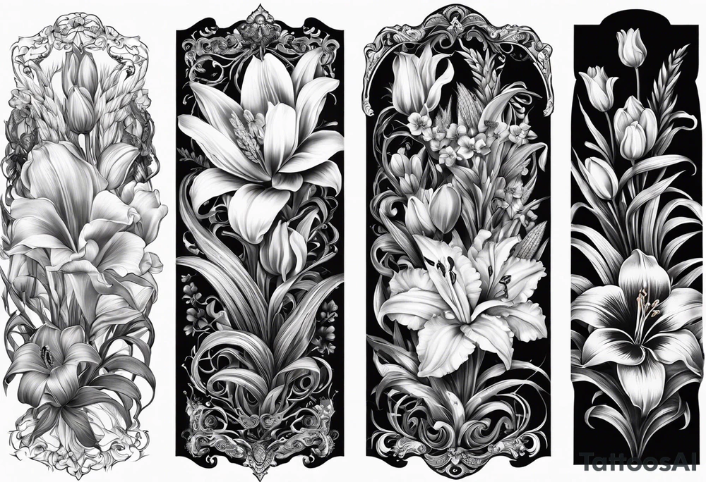 Vertical floral arm sleeve with wheat and dragonflower, snapdragon, and tulips lilly orchid, Queen-of-the-Night tattoo idea