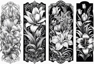 Vertical floral arm sleeve with wheat and dragonflower, snapdragon, and tulips lilly orchid, Queen-of-the-Night tattoo idea