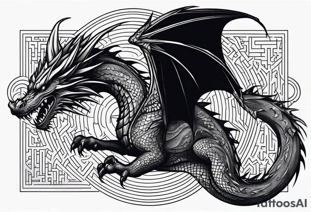 A dark evil dragon with a labyrinth on it tattoo idea