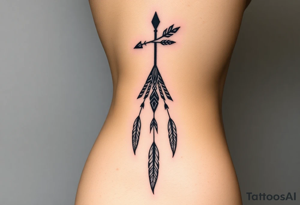 Thin spinal tattoo following down the spine in a native style with multiple different lengths flowing lines made of a discreet connection of morse code ".--- .- --.     .-.. ... -.- .- .-.   -.. .. --.     .-.. .. .-.. .-.. . -... .-. --- .-. forming an arrow connected to flowing feathers hanging from the morse code lines tattoo idea