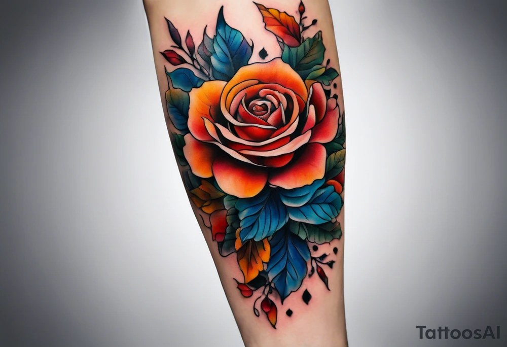 Front knee tattoo with fall colors, small flowers, rose, leaves, blue water flows with washes and background tattoo idea