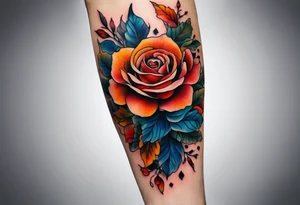 Front knee tattoo with fall colors, small flowers, rose, leaves, blue water flows with washes and background tattoo idea