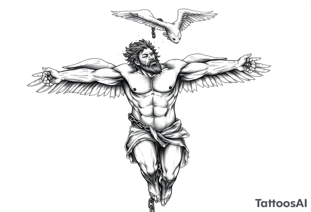 Prometheus Chained Down with Icarus falling from the sky above him Mythology tattoo idea