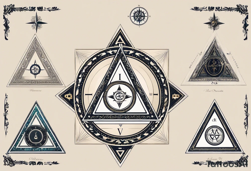 Design Layout
Primary Shape: A triangle as the main framing element, representing harmony and balance. The triangle contains and organizes all other elements inside and around it.
Central Element: Compass in the center of the triangle, symbolizing guidance and direction.
Symbol Placement and Details
Anchor (Strength): Positioned at the lower-left point of the triangle, grounded and stable to represent strength and resilience.
Heart (Love): Placed near the upper-left of the triangle, symbolizing love as a core value.
Olive Branch (Peace): Located at the upper-right of the triangle, with soft, curved lines to convey calmness and peace.
Open Hand (Kindness): Positioned at the lower-right point of the triangle, slightly reaching out or open to symbolize kindness and generosity.
Lotus Flower (Compassion): In the center of the triangle surrounding or beneath the compass, symbolizing personal growth, compassion, and enlightenment.
Chain Link (Loyalty): Integrated into one side of the triangle’s border or framing, symbolizing unbreakable bonds and loyalty.
Sun (Goodness): Above or behind the triangle, radiating subtly to symbolize light, warmth, and goodness.
Clear Open Eye (Honesty): Near the compass or positioned centrally within the triangle, representing clarity, insight, and honesty. tattoo idea
